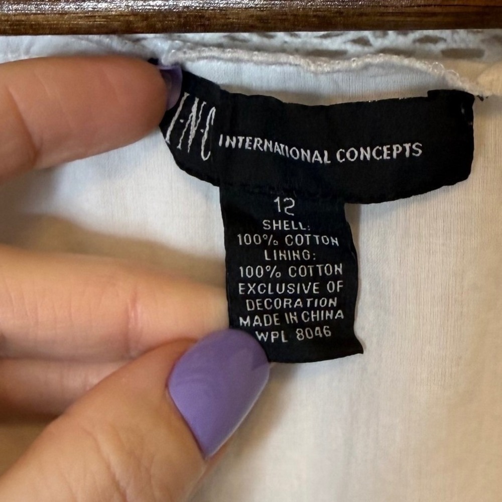 INC International Concepts Cotton Bell Sleeve White Dress Boho Cottagecore sz 12 - Picture 5 of 5